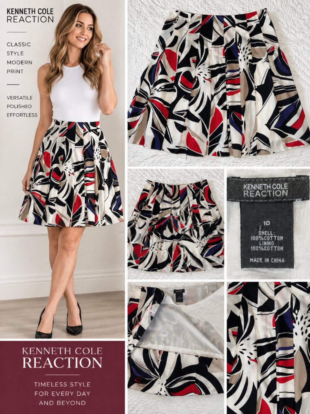 Kenneth Cole Reaction Pleated A-Line Skirt Women’s Size 10 Abstract Print Cotton